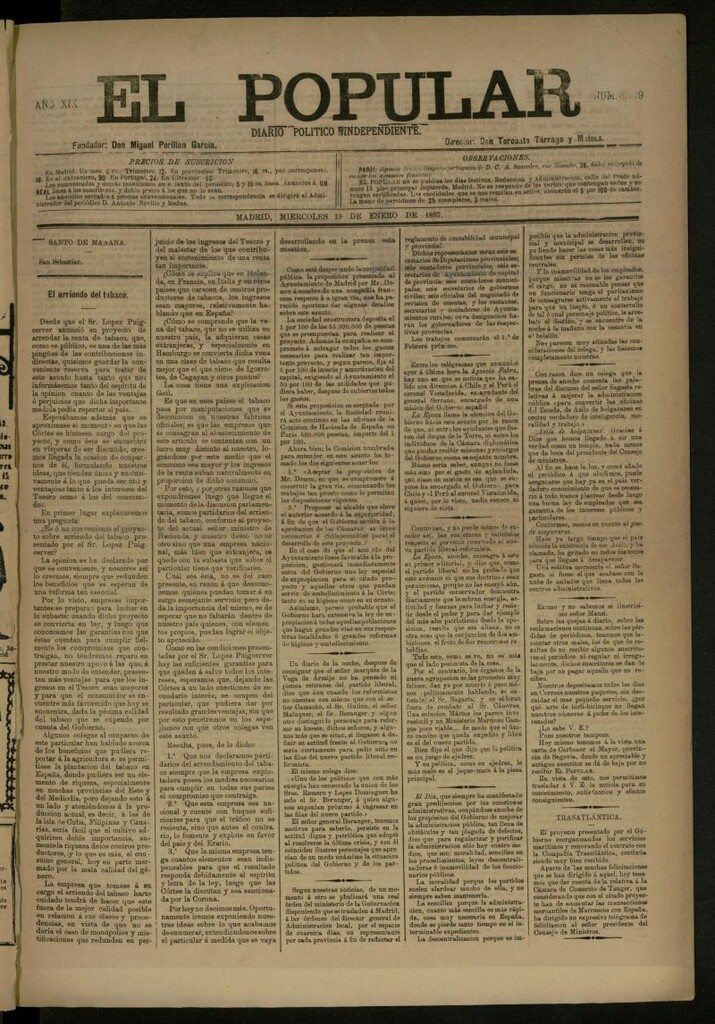 Miniatura de El Popular: diario independiente, político, literario y de noticias de interés general del 19 de enero de 1887, nº 6779