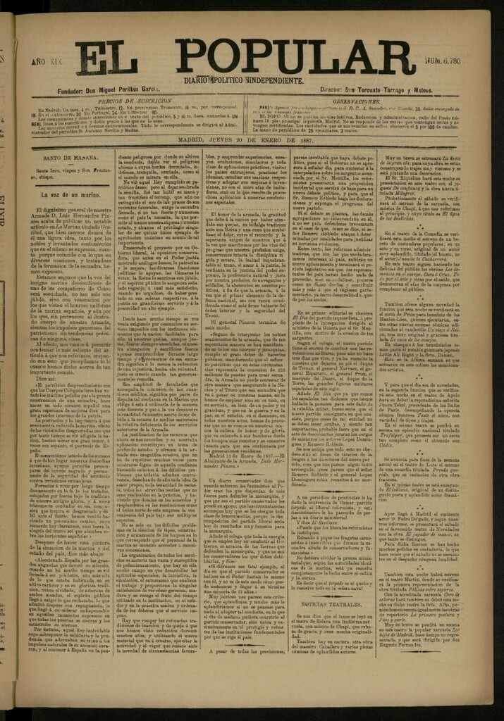 Miniatura de El Popular: diario independiente, político, literario y de noticias de interés general del 20 de enero de 1887, nº 6780