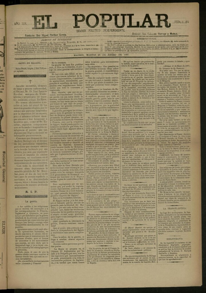 Miniatura de El Popular: diario independiente, político, literario y de noticias de interés general del 25 de enero de 1887, nº 6784