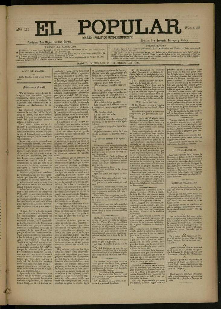 Miniatura de El Popular: diario independiente, político, literario y de noticias de interés general del 26 de enero de 1887, nº 6785