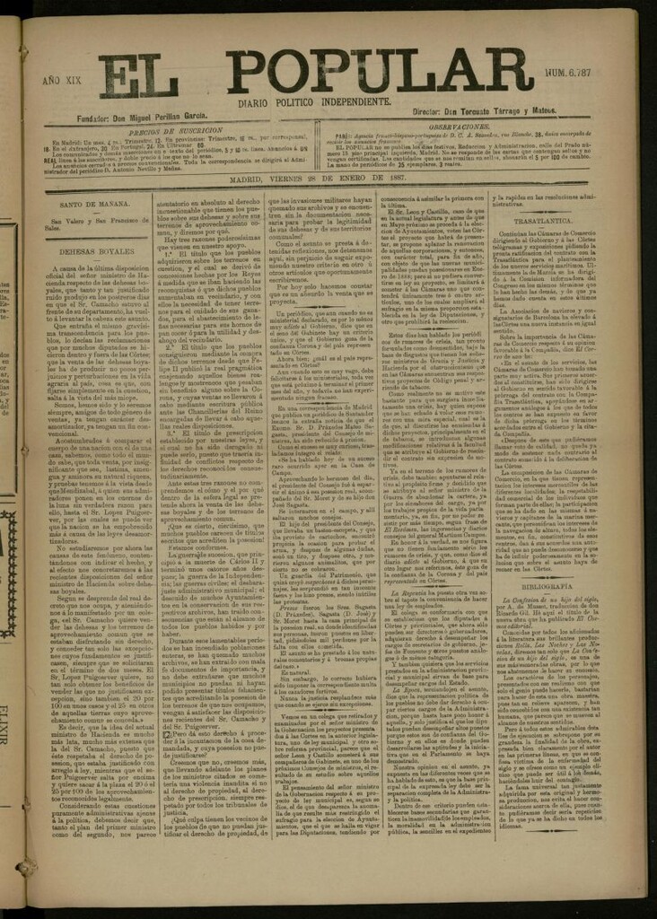Miniatura de El Popular: diario independiente, político, literario y de noticias de interés general del 28 de enero de 1887, nº 6787