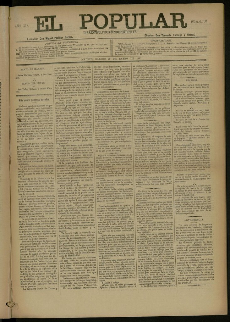 Miniatura de El Popular: diario independiente, político, literario y de noticias de interés general del 29 de enero de 1887, nº 6788