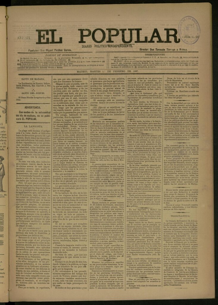 Miniatura de El Popular: diario independiente, político, literario y de noticias de interés general del 1 de febrero de 1887, nº 6790