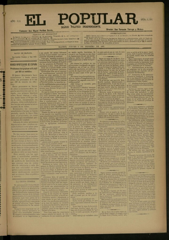 Miniatura de El Popular: diario independiente, político, literario y de noticias de interés general del 3 de febrero de 1887, nº 6791