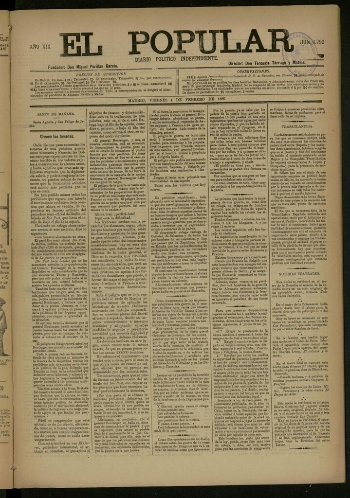 Miniatura de El Popular: diario independiente, político, literario y de noticias de interés general del 4 de febrero de 1887, nº 6792