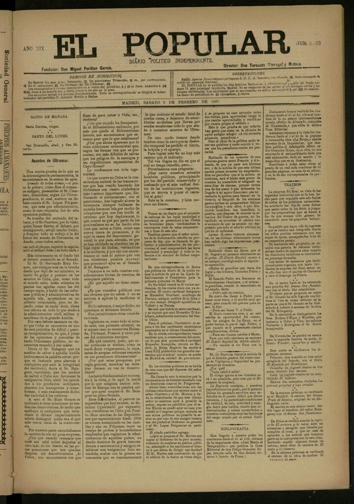 Miniatura de El Popular: diario independiente, político, literario y de noticias de interés general del 5 de febrero de 1887, nº 6793