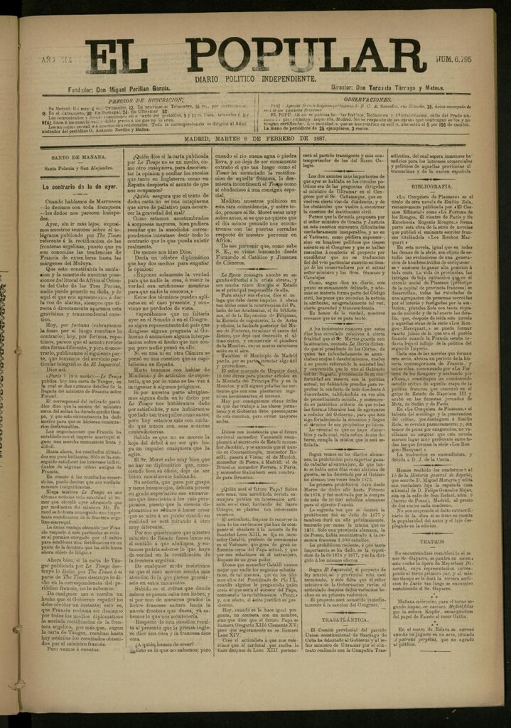 Miniatura de El Popular: diario independiente, político, literario y de noticias de interés general del 8 de febrero de 1887, nº 6795