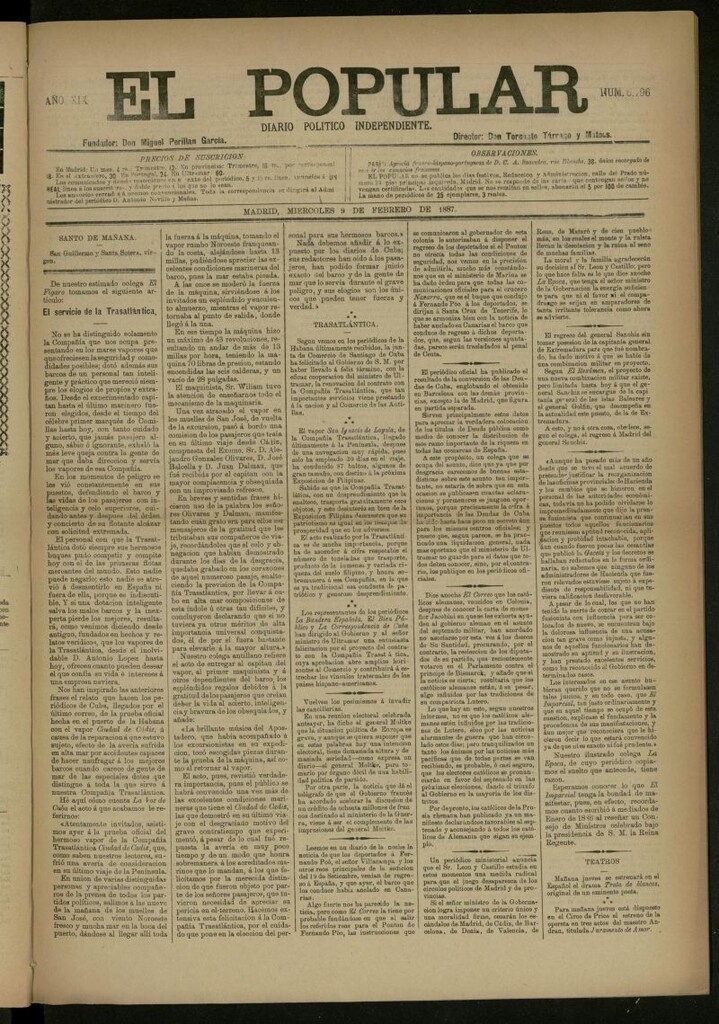 Miniatura de El Popular: diario independiente, político, literario y de noticias de interés general del 9 de febrero de 1887, nº 6796