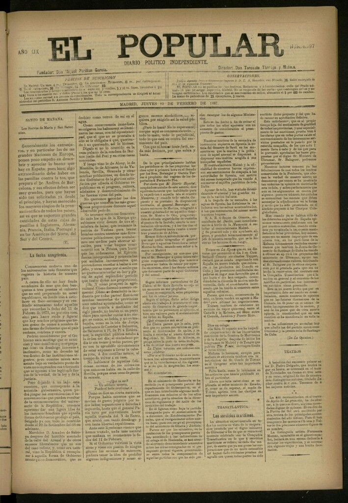 Miniatura de El Popular: diario independiente, político, literario y de noticias de interés general del 10 de febrero de 1887, nº 6797