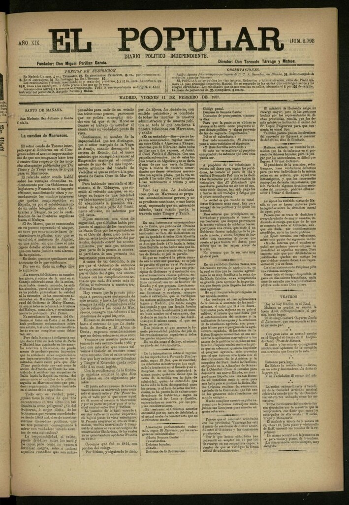 Miniatura de El Popular: diario independiente, político, literario y de noticias de interés general del 11 de febrero de 1887, nº 6798
