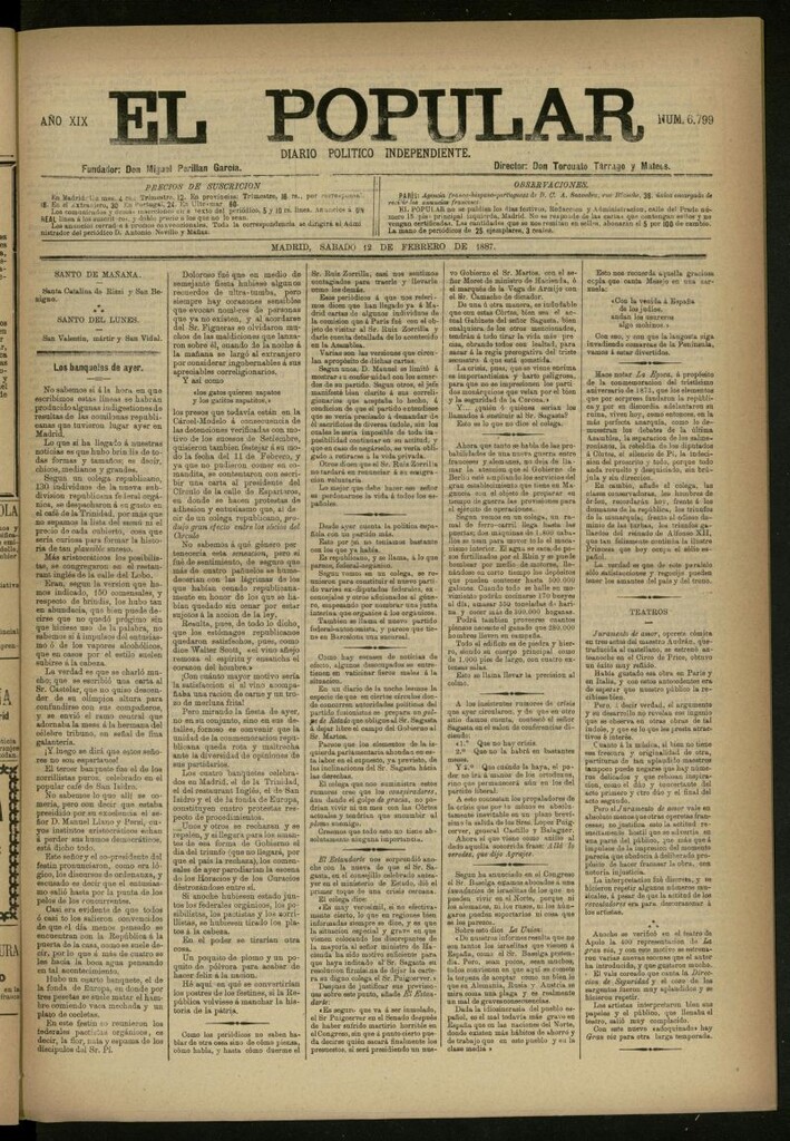 Miniatura de El Popular: diario independiente, político, literario y de noticias de interés general del 12 de febrero de 1887, nº 6799