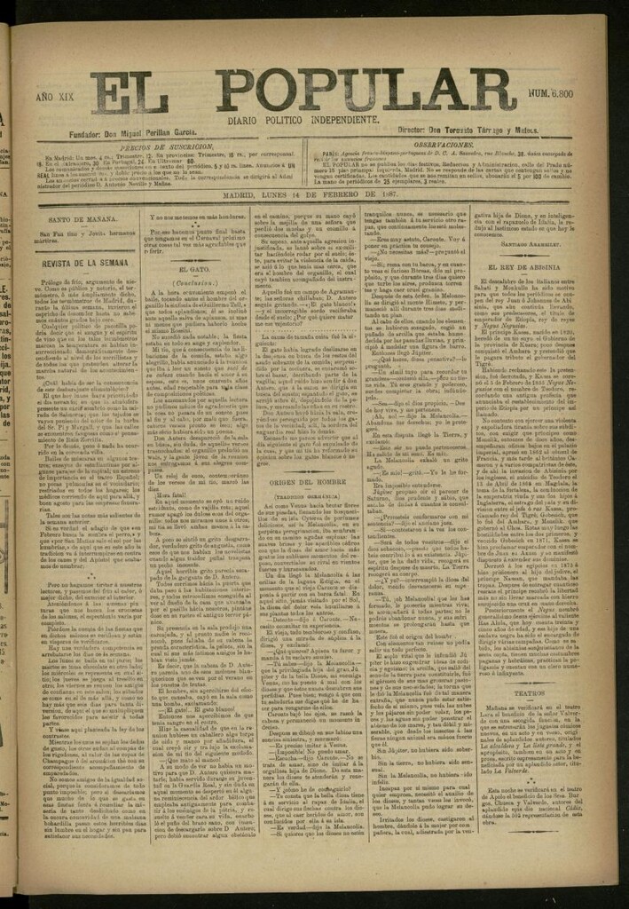 Miniatura de El Popular: diario independiente, político, literario y de noticias de interés general del 14 de febrero de 1887, nº 6800