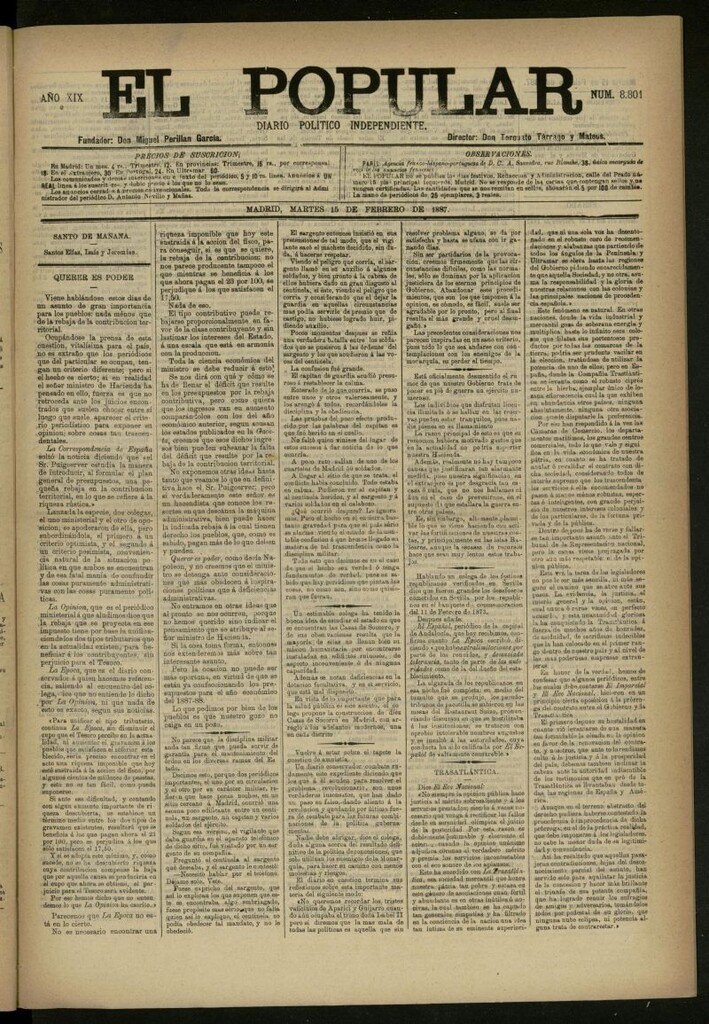 Miniatura de El Popular: diario independiente, político, literario y de noticias de interés general del 15 de febrero de 1887, nº 8801 [sic ]