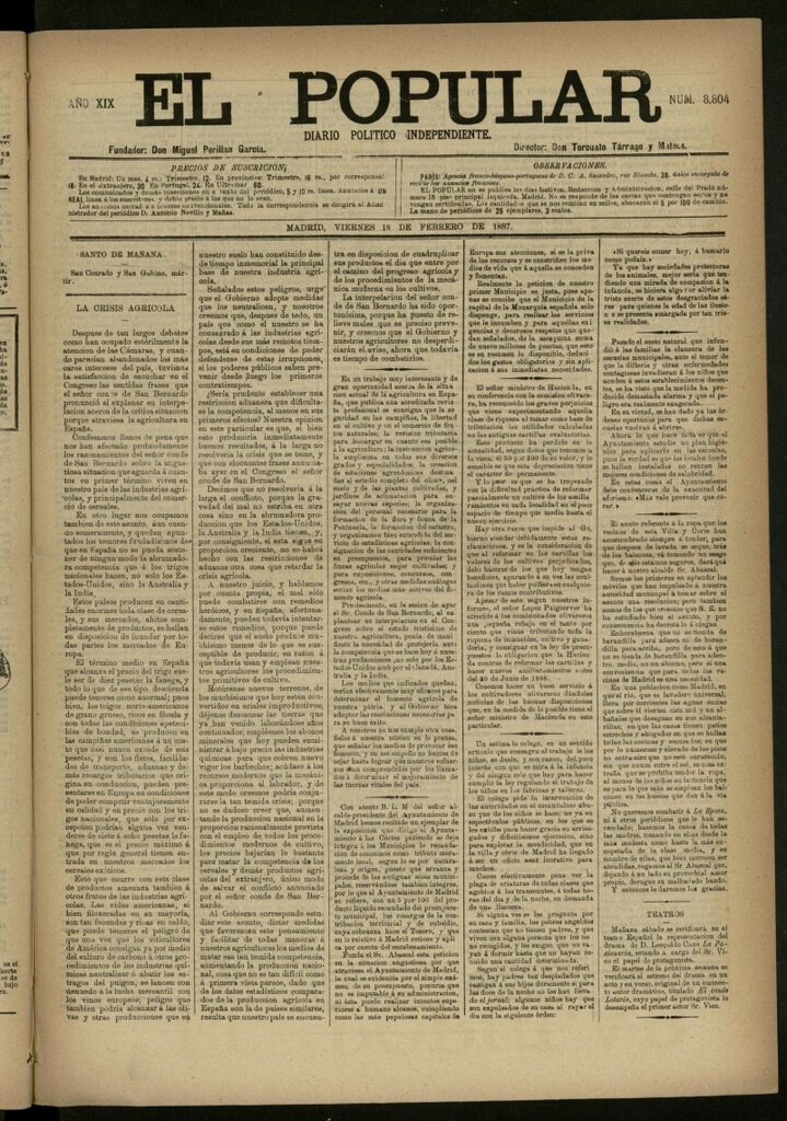 Miniatura de El Popular: diario independiente, político, literario y de noticias de interés general del 18 de febrero de 1887, nº 8804