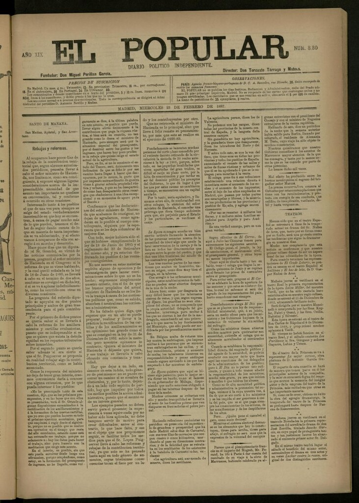 Miniatura de El Popular: diario independiente, político, literario y de noticias de interés general del 23 de febrero de 1887, nº 880 [sic]