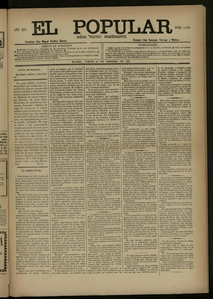 Miniatura de El Popular: diario independiente, político, literario y de noticias de interés general del 24 de febrero de 1887, nº 8808