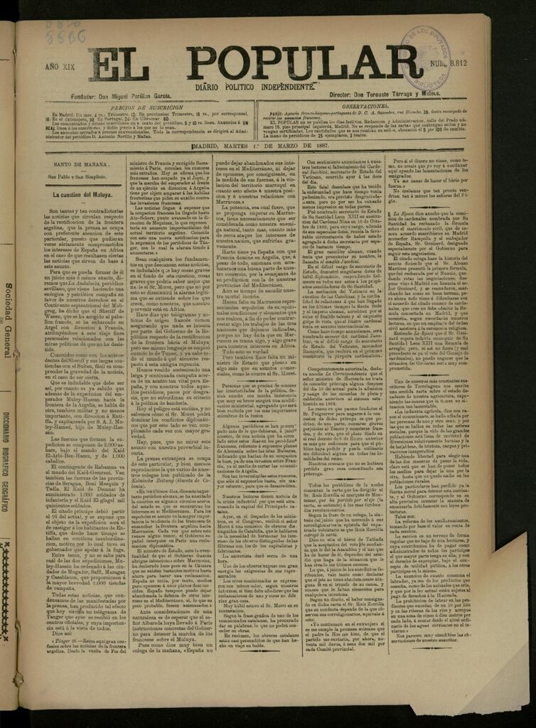 Miniatura de El Popular: diario independiente, político, literario y de noticias de interés general del 1 de marzo de 1887, nº 8812