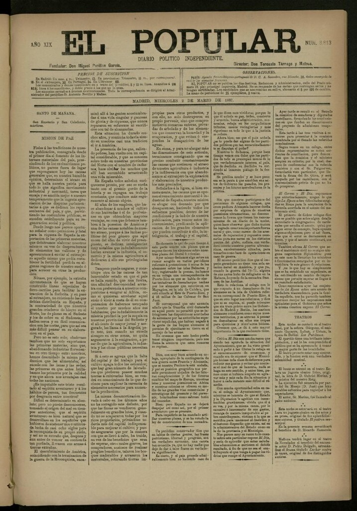 Miniatura de El Popular: diario independiente, político, literario y de noticias de interés general del 2 de marzo de 1887, nº 8813