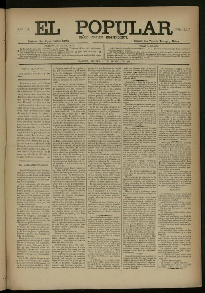 Miniatura de El Popular: diario independiente, político, literario y de noticias de interés general del 3 de marzo de 1887, nº 8814