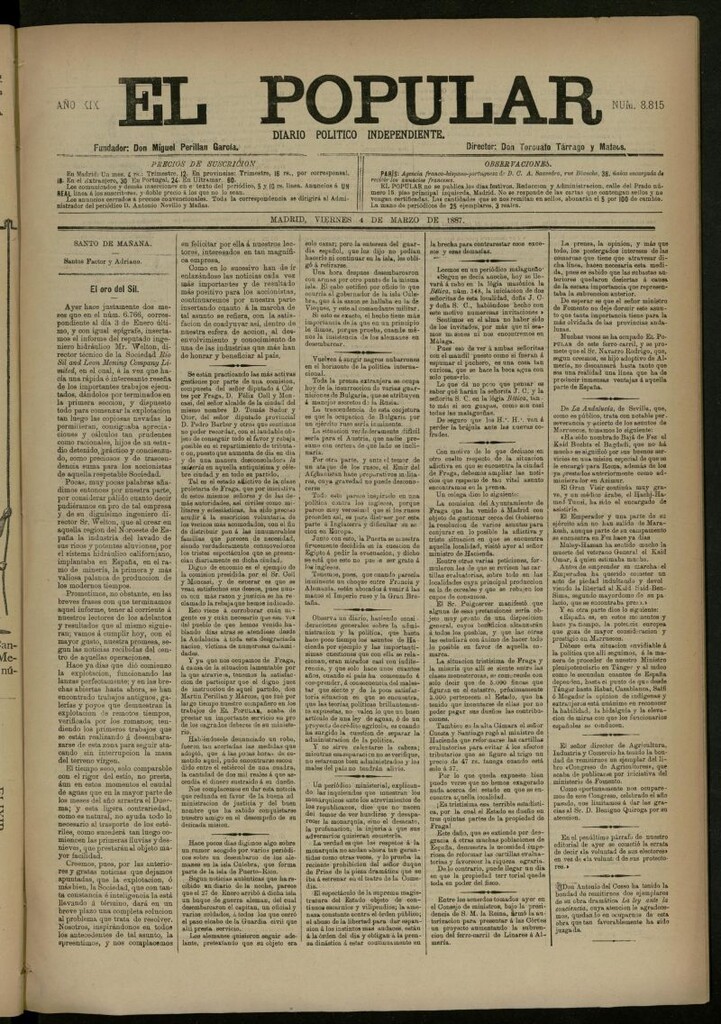 Miniatura de El Popular: diario independiente, político, literario y de noticias de interés general del 4 de marzo de 1887, nº 8815