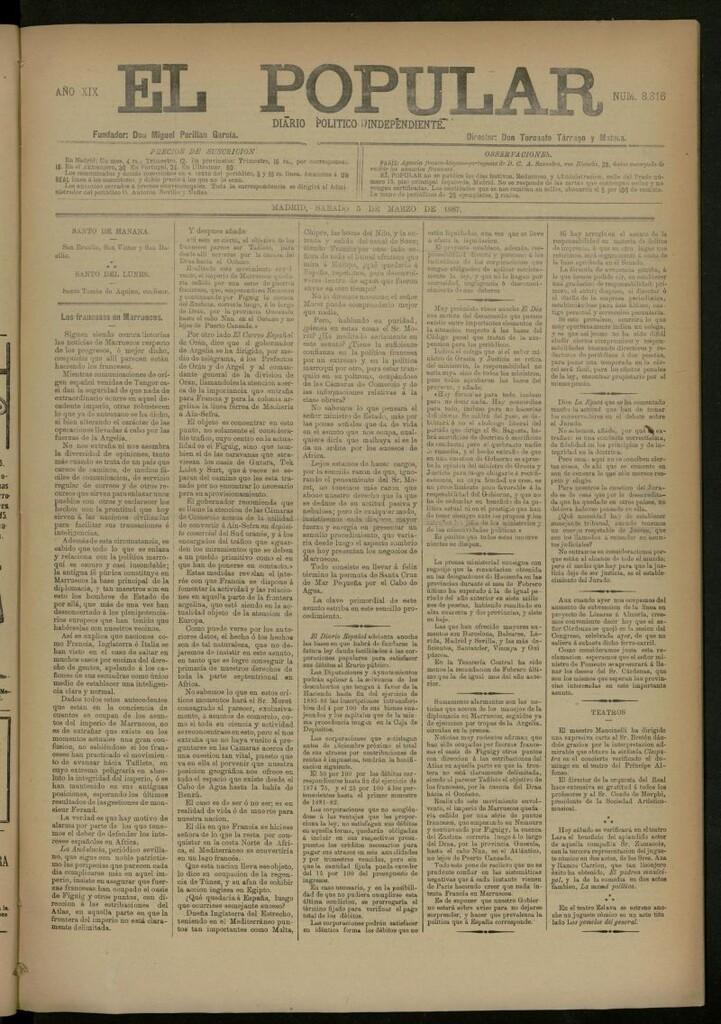 Miniatura de El Popular: diario independiente, político, literario y de noticias de interés general del 5 de marzo de 1887, nº 8816