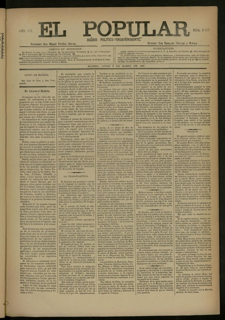 Miniatura de El Popular: diario independiente, político, literario y de noticias de interés general del 7 de marzo de 1887, nº 8817