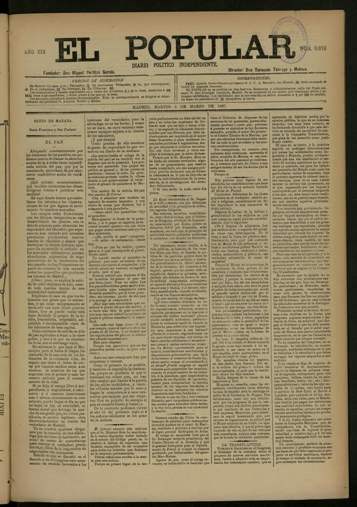 Miniatura de El Popular: diario independiente, político, literario y de noticias de interés general del 8 de marzo de 1887, nº 8818