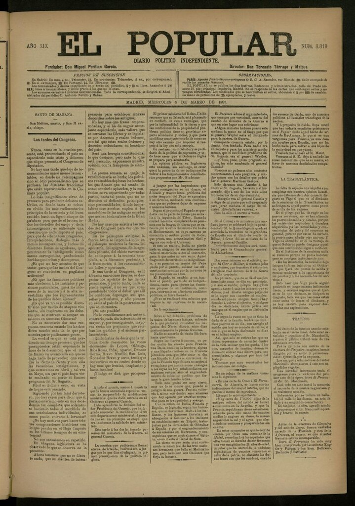 Miniatura de El Popular: diario independiente, político, literario y de noticias de interés general del 9 de marzo de 1887, nº 8819