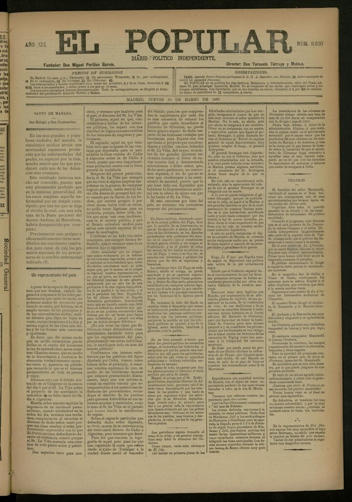 Miniatura de El Popular: diario independiente, político, literario y de noticias de interés general del 10 de marzo de 1887, nº 8820