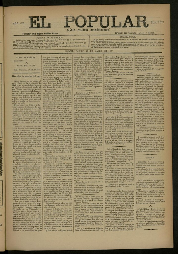 Miniatura de El Popular: diario independiente, político, literario y de noticias de interés general del 12 de marzo de 1887, nº 8822