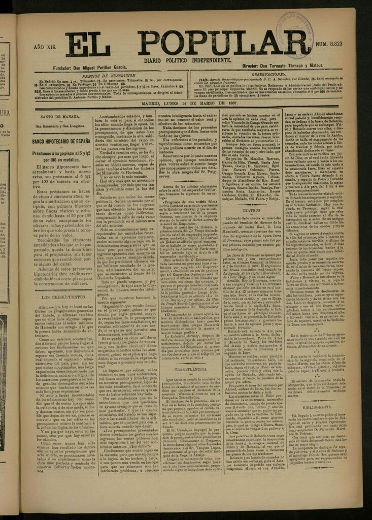 Miniatura de El Popular: diario independiente, político, literario y de noticias de interés general del 14 de marzo de 1887, nº 8823
