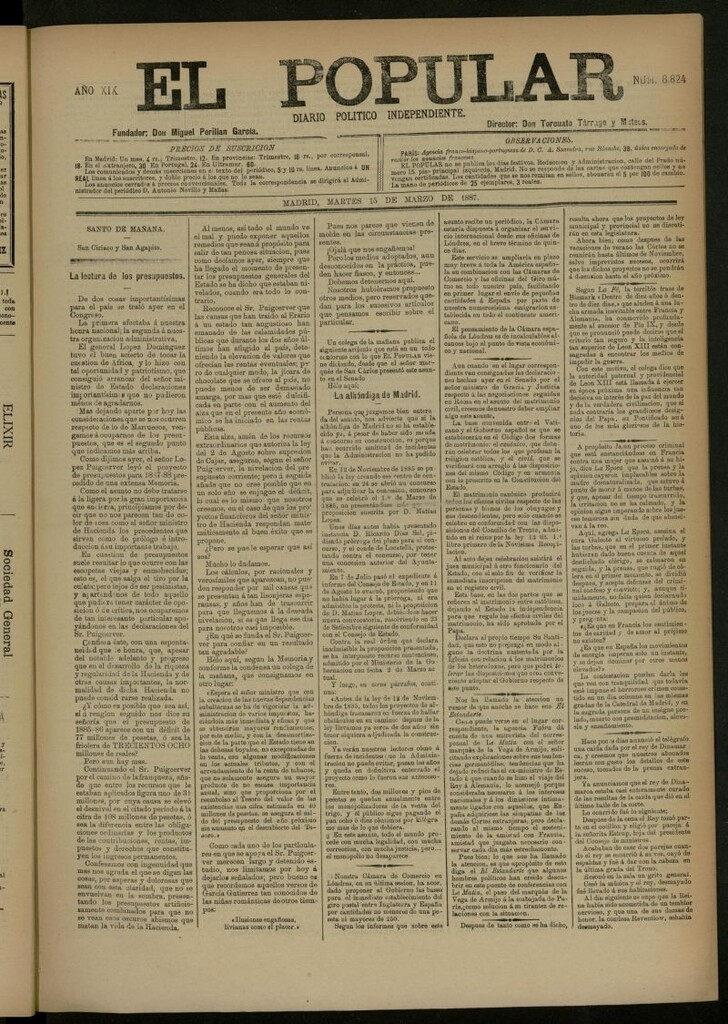 Miniatura de El Popular: diario independiente, político, literario y de noticias de interés general del 15 de marzo de 1887, nº 8824