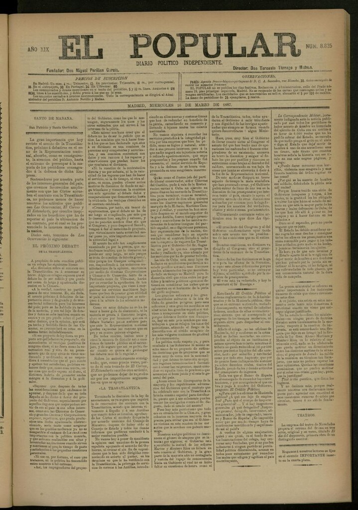 Miniatura de El Popular: diario independiente, político, literario y de noticias de interés general del 16 de marzo de 1887, nº 8825