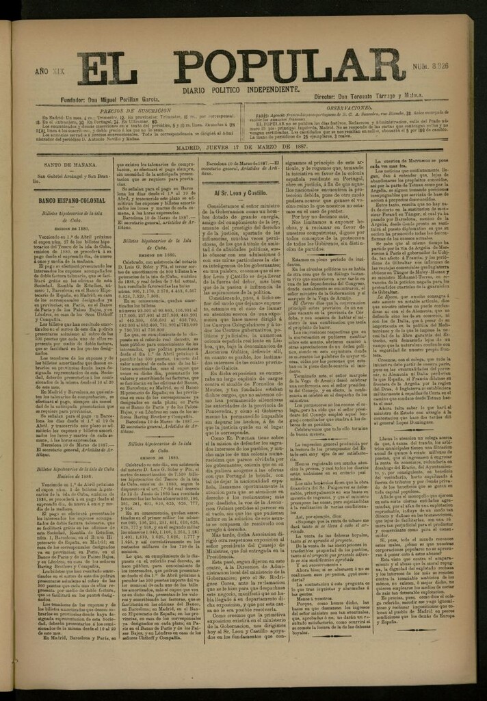 Miniatura de El Popular: diario independiente, político, literario y de noticias de interés general del 17 de marzo de 1887, nº 8826
