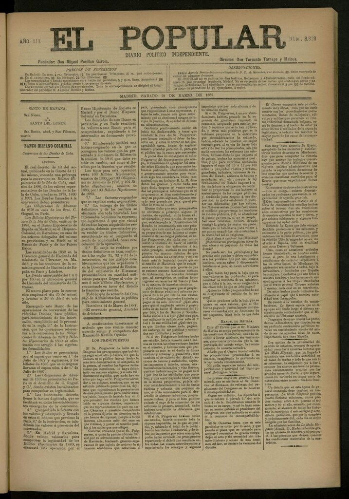 Miniatura de El Popular: diario independiente, político, literario y de noticias de interés general del 19 de marzo de 1887, nº 8828