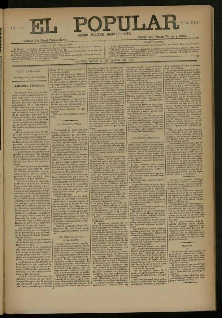 Miniatura de El Popular: diario independiente, político, literario y de noticias de interés general del 21 de marzo de 1887, nº 8829
