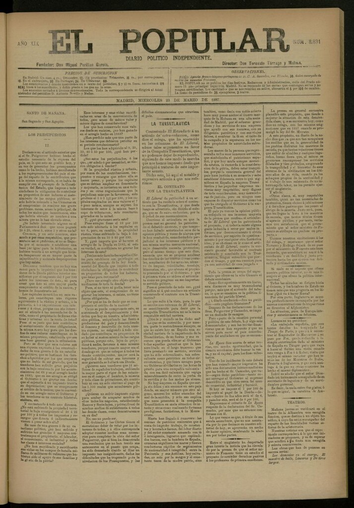 Miniatura de El Popular: diario independiente, político, literario y de noticias de interés general del 23 de marzo de 1887, nº 8831
