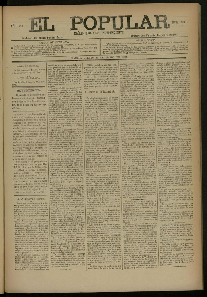 Miniatura de El Popular: diario independiente, político, literario y de noticias de interés general del 24 de marzo de 1887, nº 8832