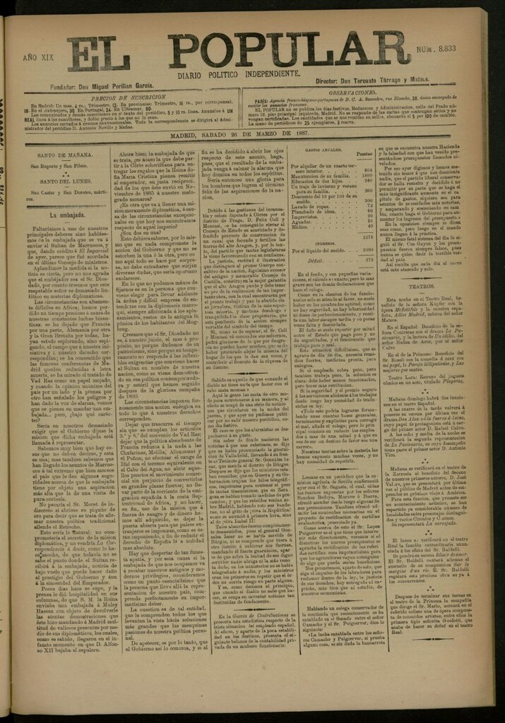 Miniatura de El Popular: diario independiente, político, literario y de noticias de interés general del 26 de marzo de 1887, nº 8833