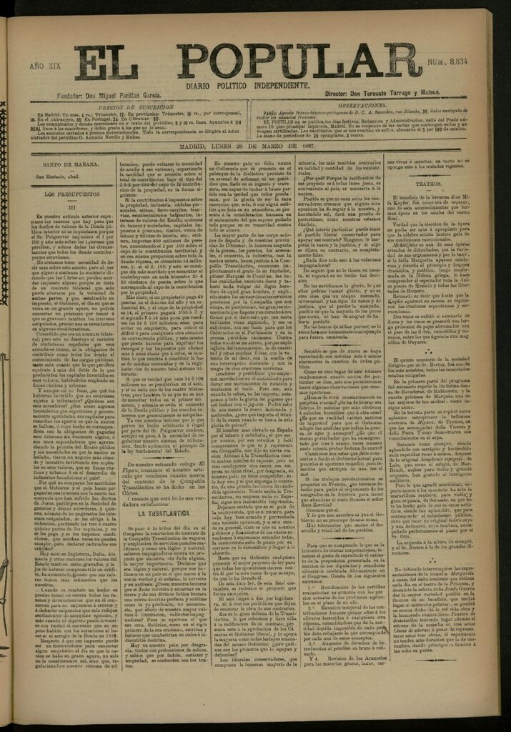 Miniatura de El Popular: diario independiente, político, literario y de noticias de interés general del 28 de marzo de 1887, nº 8834