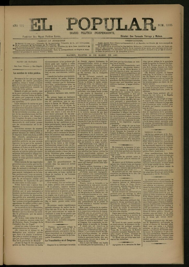 Miniatura de El Popular: diario independiente, político, literario y de noticias de interés general del 29 de marzo de 1887, nº 8835