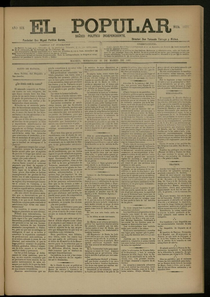 Miniatura de El Popular: diario independiente, político, literario y de noticias de interés general del 30 de marzo de 1887, nº 8836