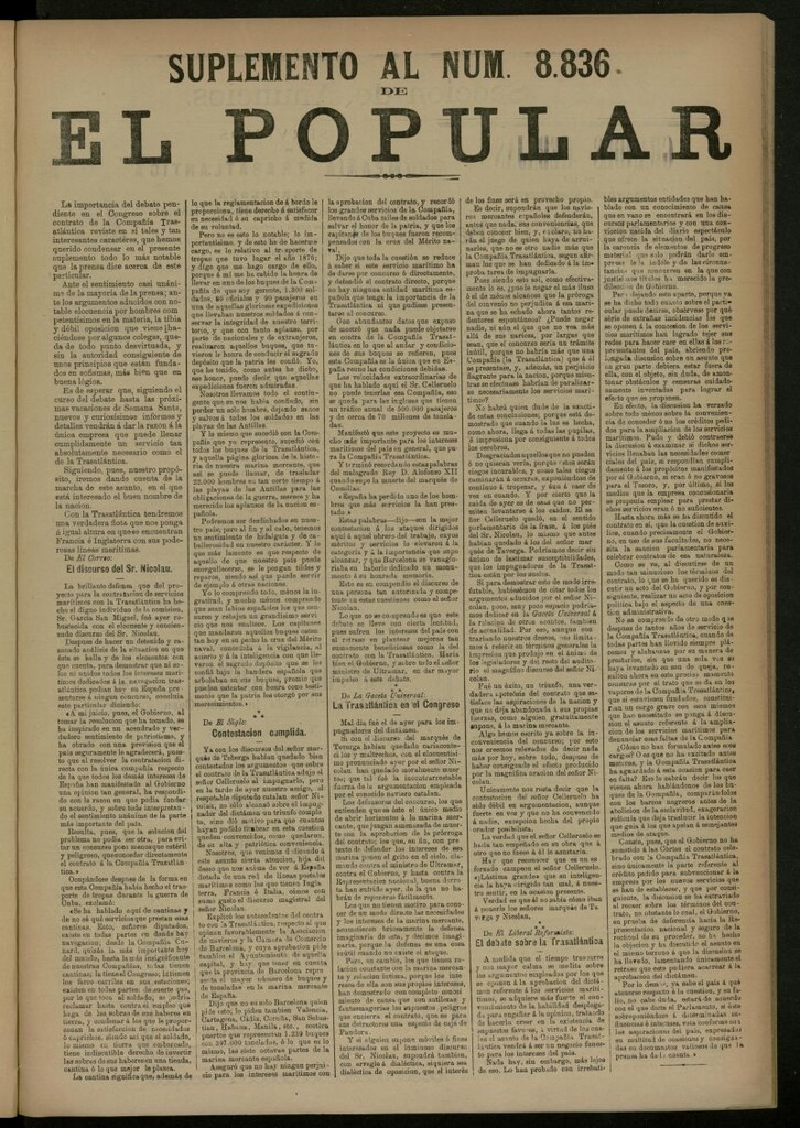 Miniatura de El Popular: diario independiente, político, literario y de noticias de interés general del 30 de marzo de 1887, suplemento al nº 8836