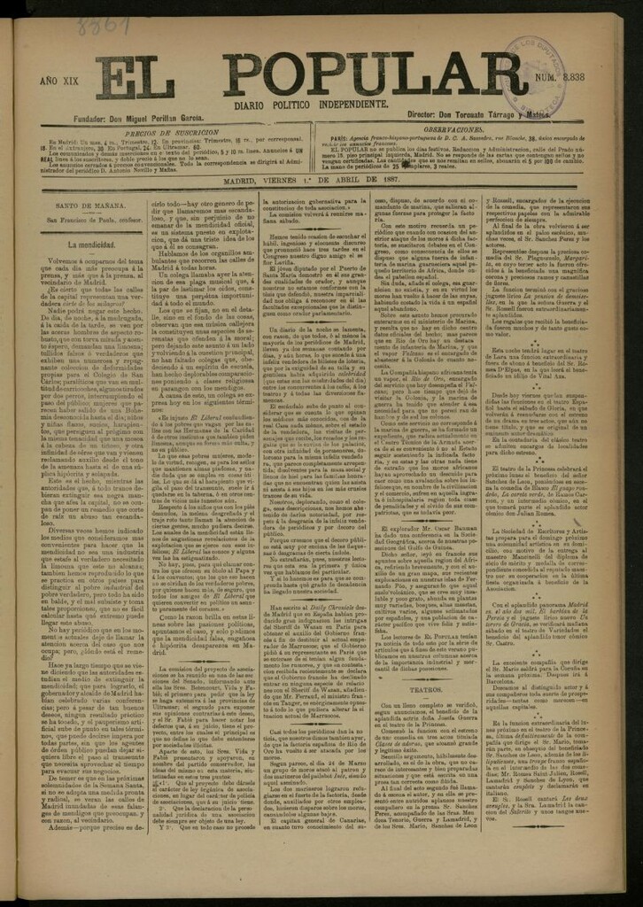 Miniatura de El Popular: diario independiente, político, literario y de noticias de interés general del 1 de abril de 1887, nº 8838