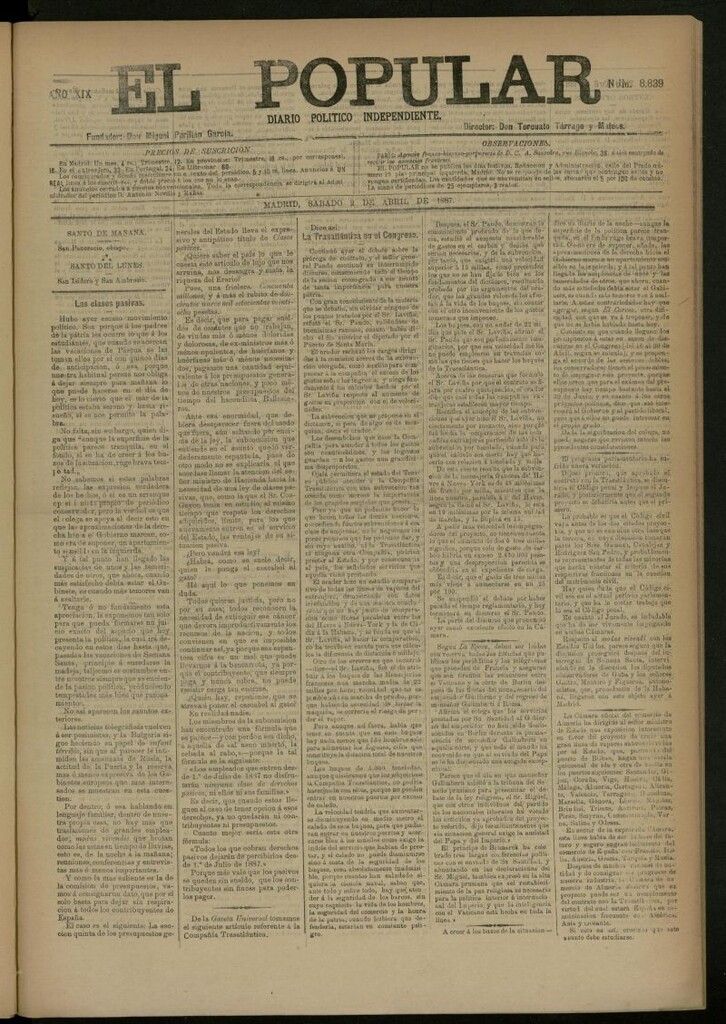 Miniatura de El Popular: diario independiente, político, literario y de noticias de interés general del 2 de abril de 1887, nº 8839