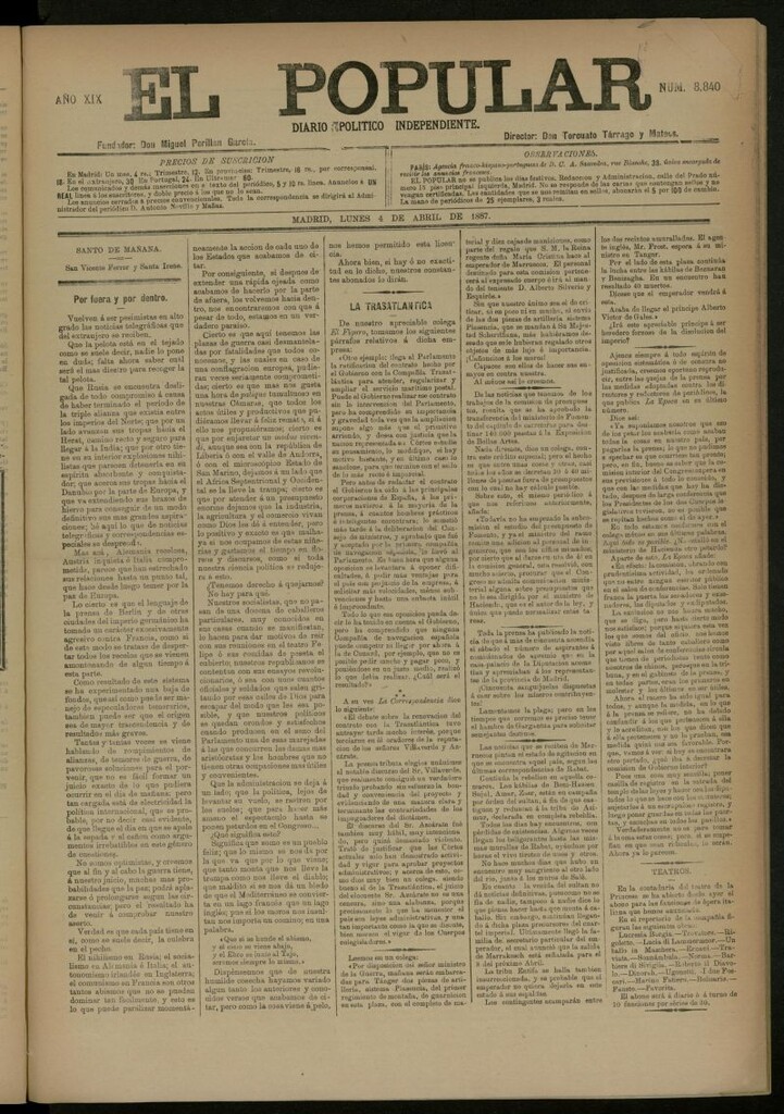 Miniatura de El Popular: diario independiente, político, literario y de noticias de interés general del 4 de abril de 1887, nº 8840