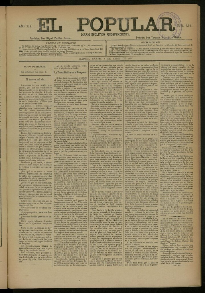 Miniatura de El Popular: diario independiente, político, literario y de noticias de interés general del 5 de abril de 1887, nº 8841