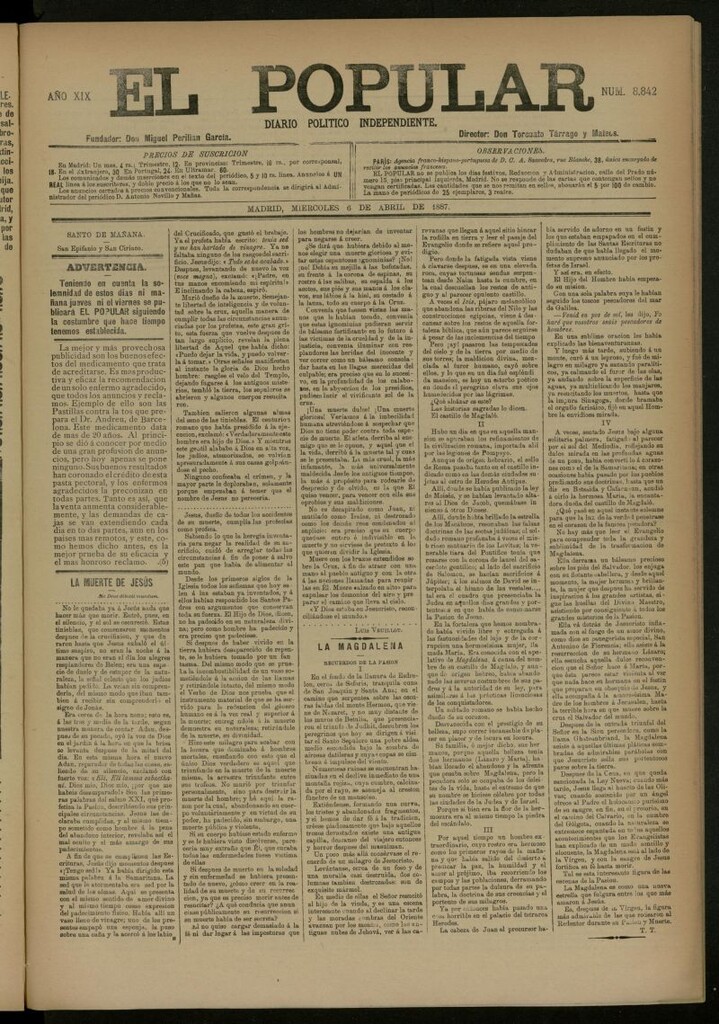 Miniatura de El Popular: diario independiente, político, literario y de noticias de interés general del 6 de abril de 1887, nº 8842