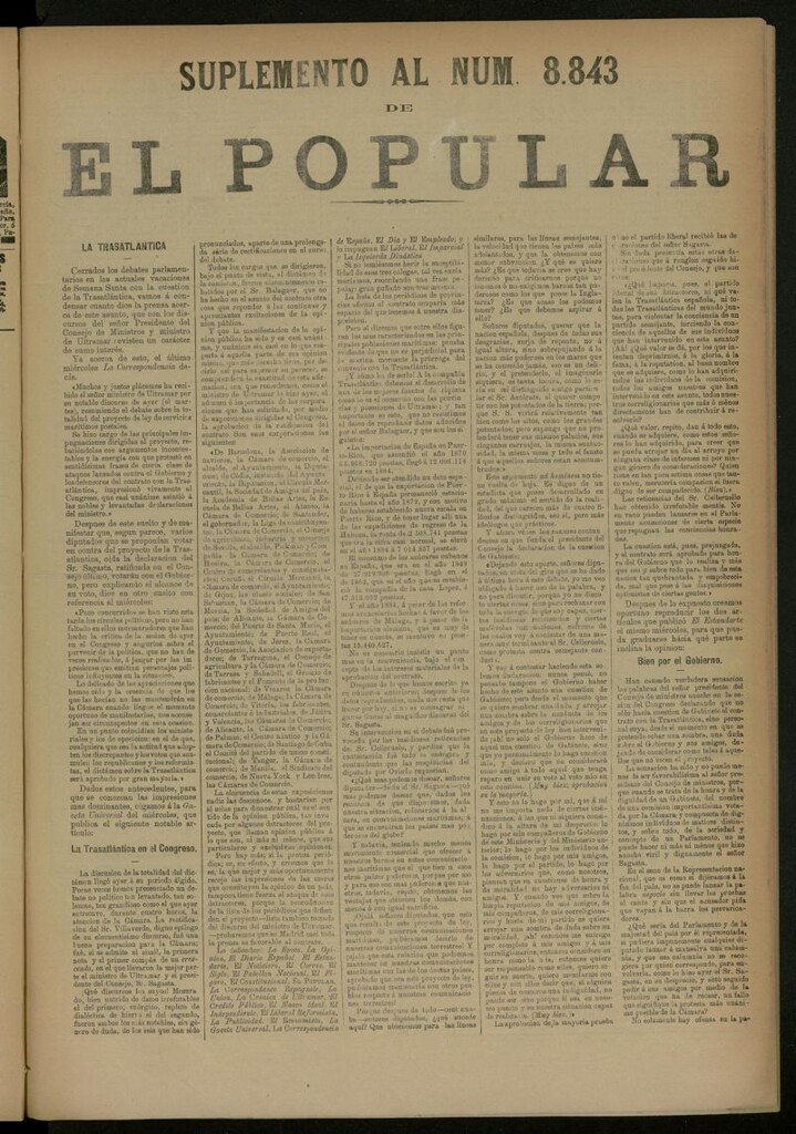 Miniatura de El Popular: diario independiente, político, literario y de noticias de interés general del 9 de abril de 1887, suplemento al nº 8843