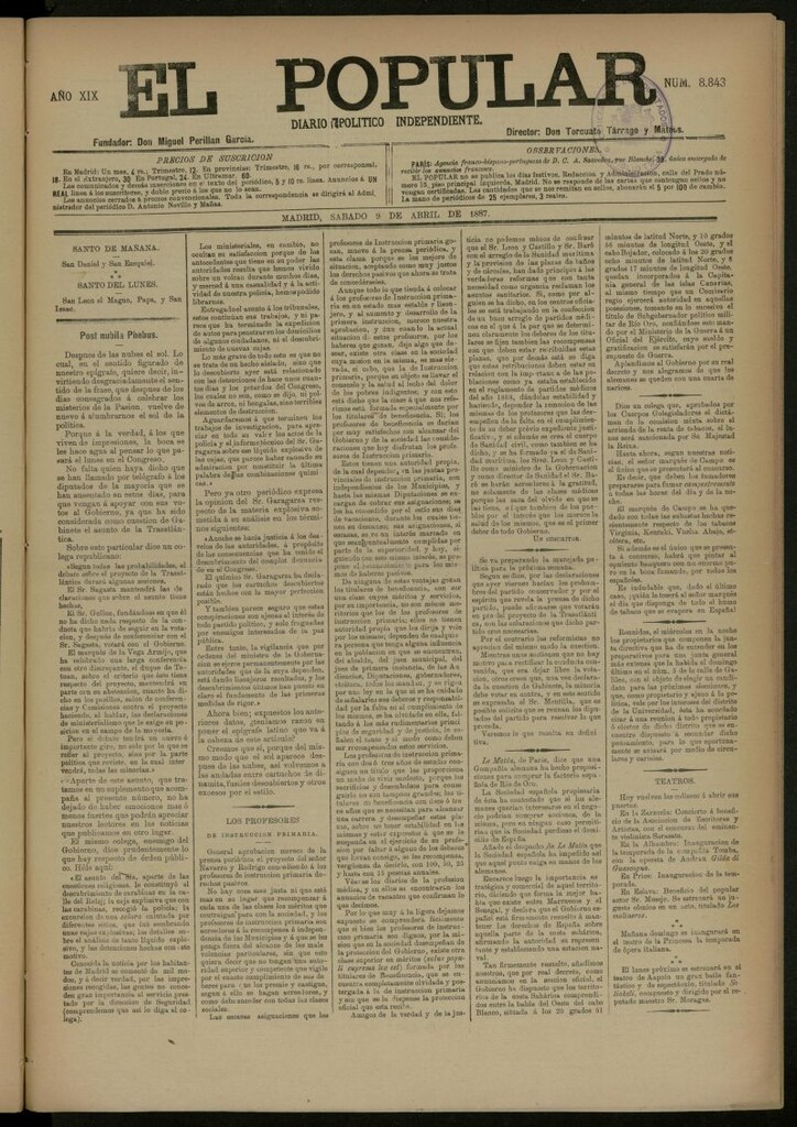 Miniatura de El Popular: diario independiente, político, literario y de noticias de interés general del 9 de abril de 1887, nº 8843